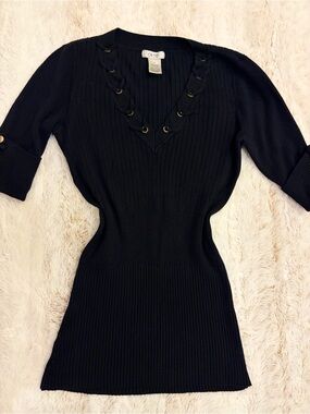 Vintage Caché Y2K Black Ribbed Lace Up Sweater Top Office Siren Mob Wife 2000s